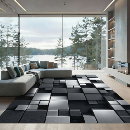 Monochrome Geometric Block 3D Abstract Rug