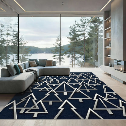 Modern Navy Silver Minimalist Pine Tree Rug