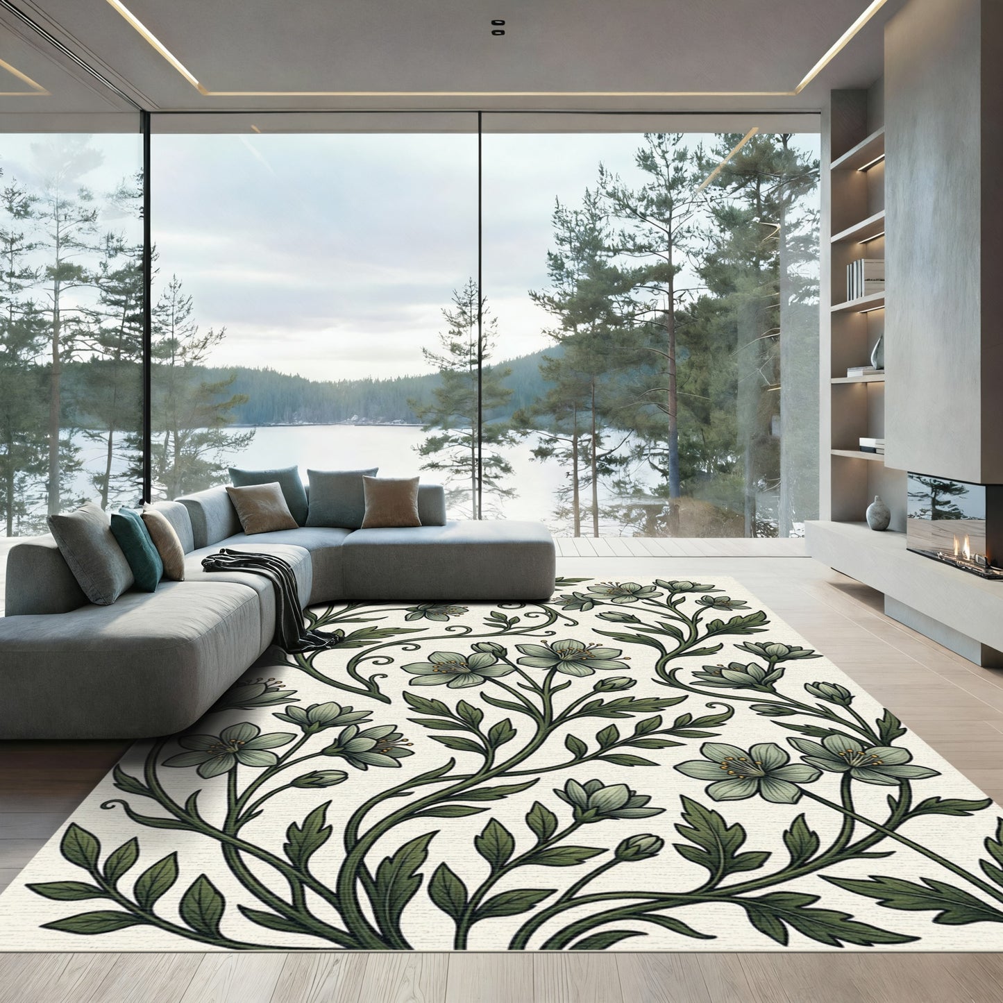 Sage Green Botanical Floral Scroll Rug