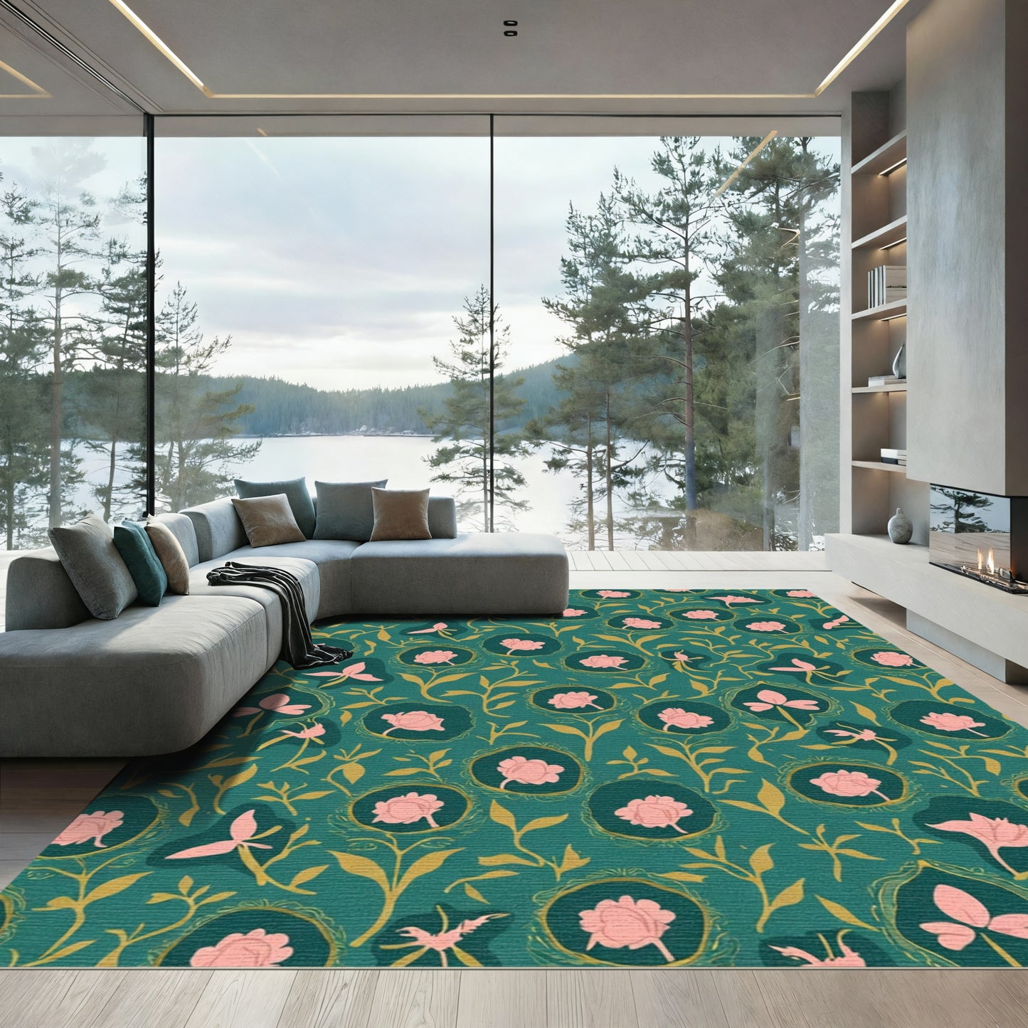 Teal Pink Floral Vine Whimsical Rug