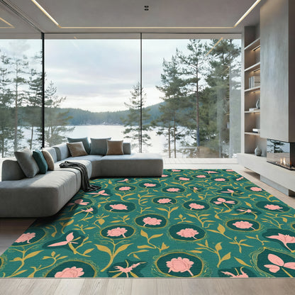 Teal Pink Floral Vine Whimsical Rug