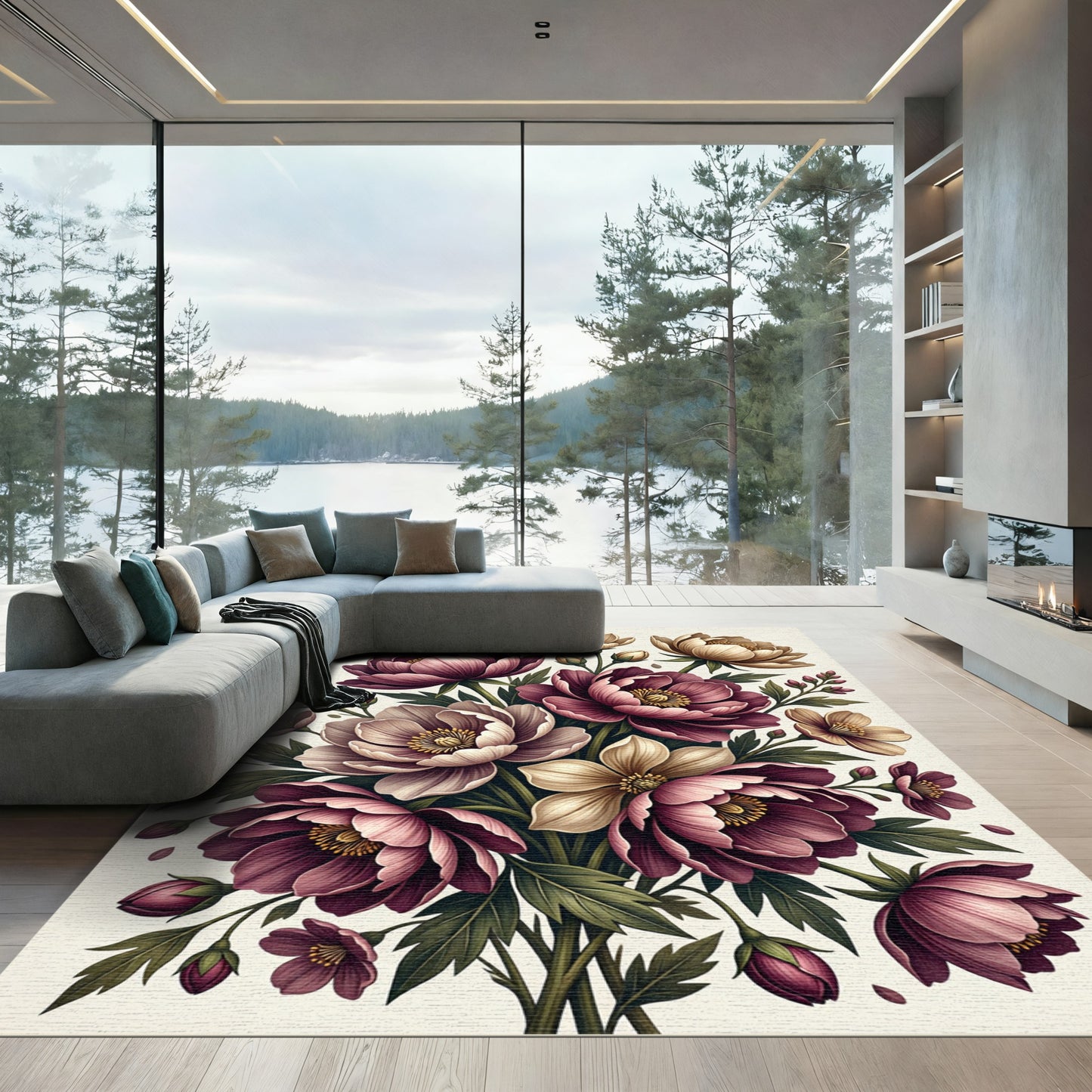 Elegant Burgundy Peony Botanical Bouquet Rug