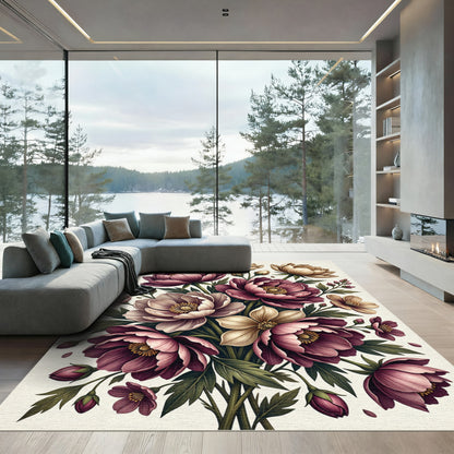Elegant Burgundy Peony Botanical Bouquet Rug