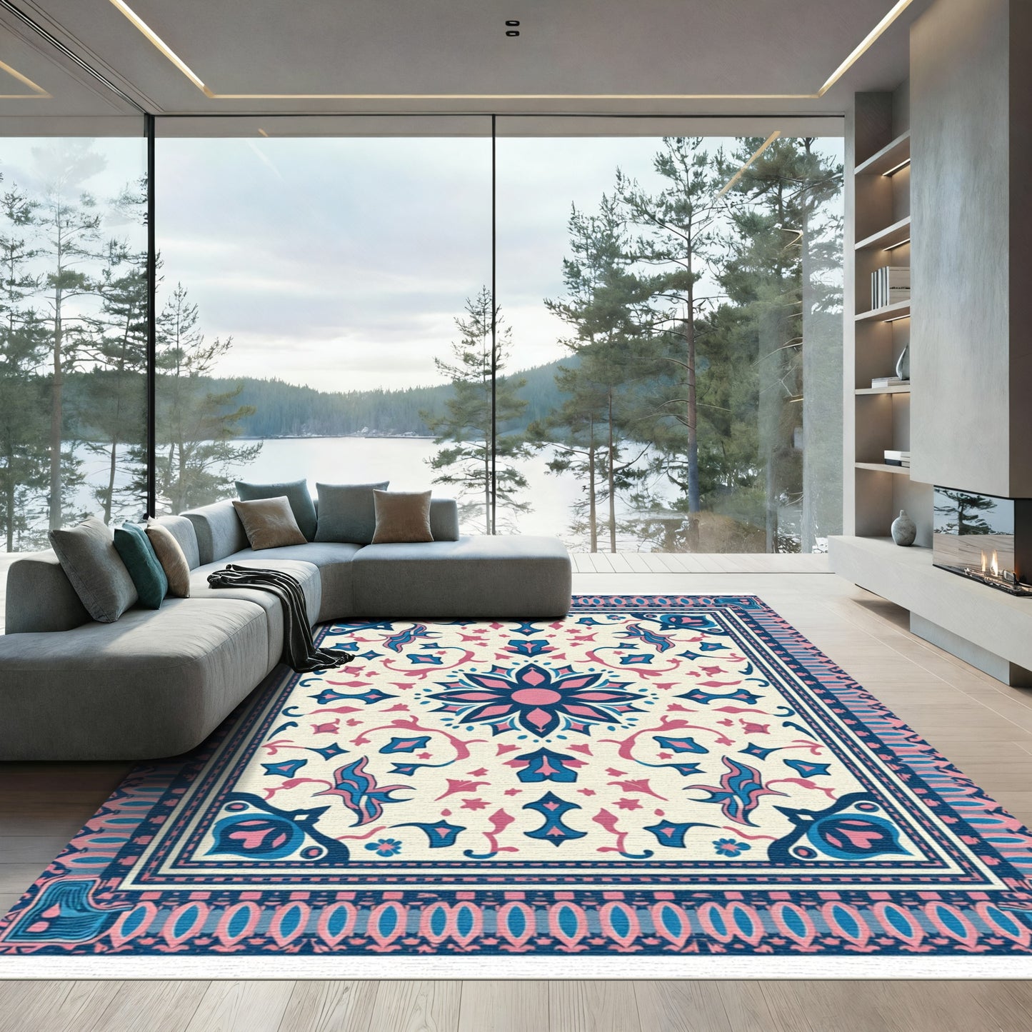 Ornate Blue Pink Floral Mandala Rug