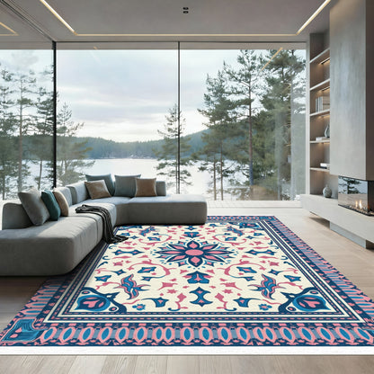 Ornate Blue Pink Floral Mandala Rug