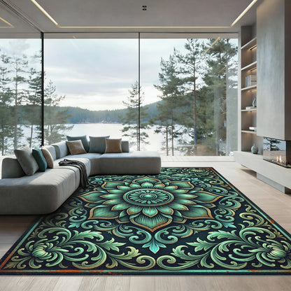Vintage Teal Floral Medallion Scroll Rug
