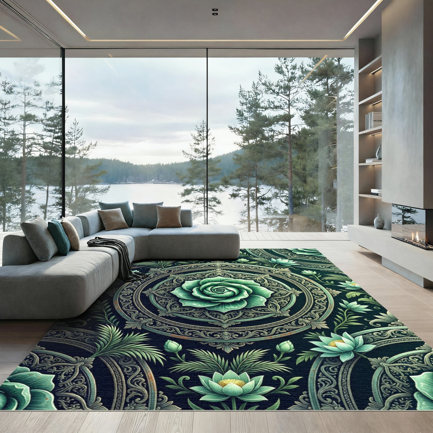 Elegant Emerald Lotus Floral Medallion Rug