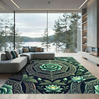 Elegant Emerald Lotus Floral Medallion Rug