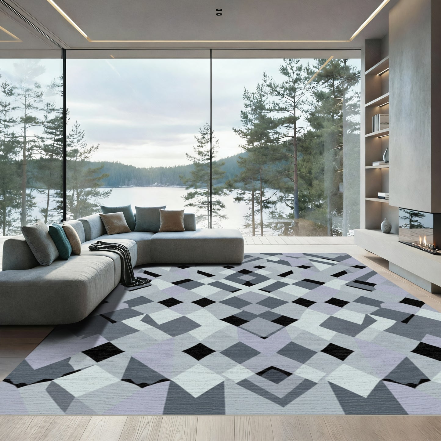 Cool Gray Geometric Interlocking Shape Rug