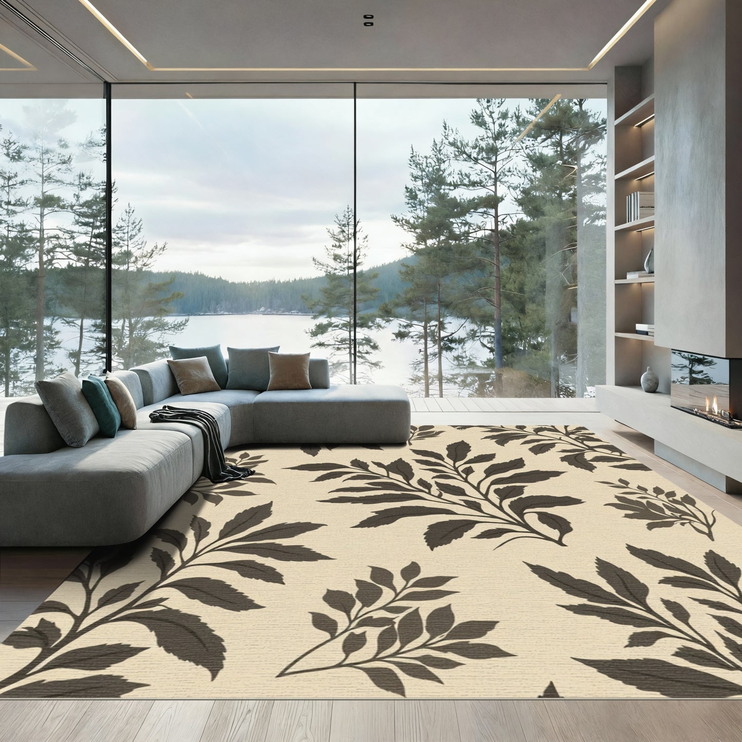 Dark Botanical Sprigs Beige Background Rug