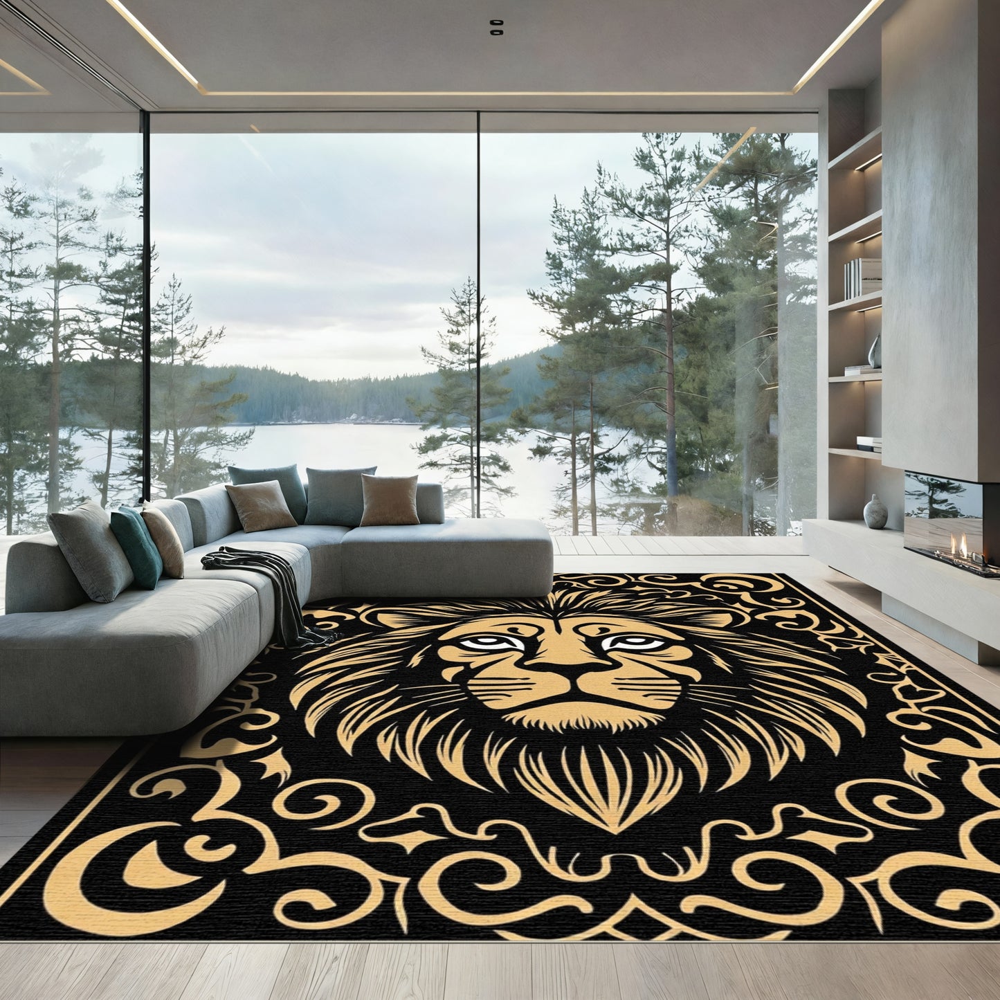 Golden Lion In Black Baroque Frame Rug