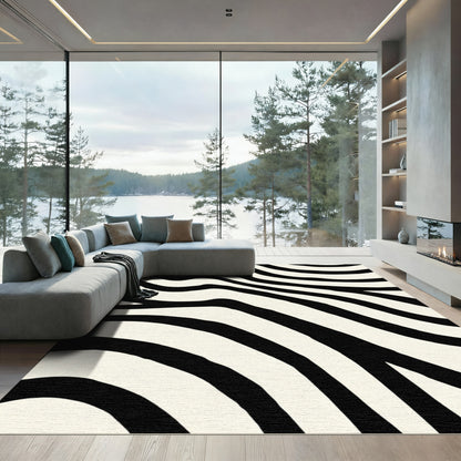 Cream And Black Curved Lines Rug