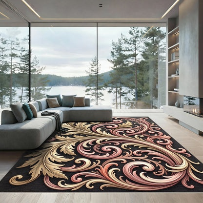 Gold Rose Swirl Flourish Composition Rug