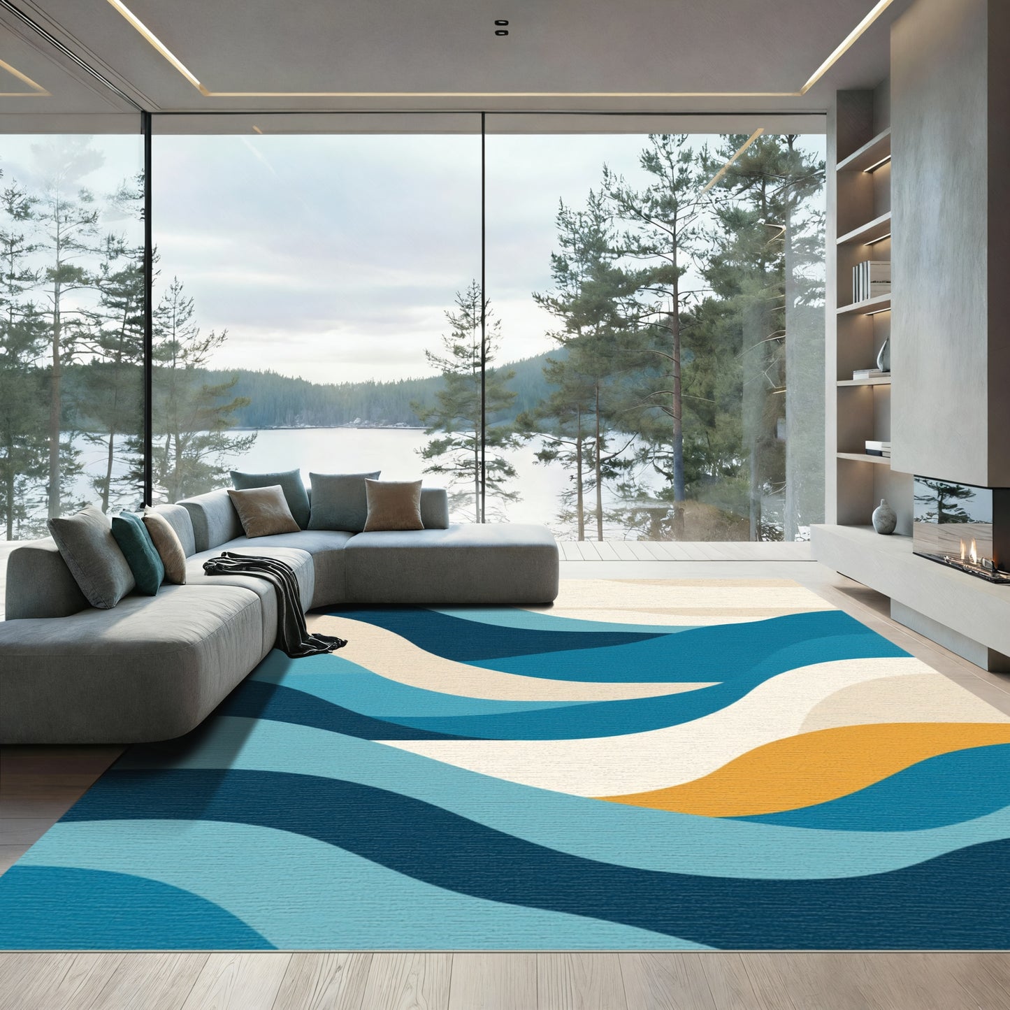 Modern Blue Abstract Wavy Landscape Rug