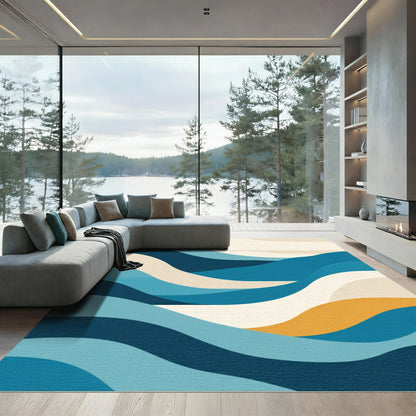 Modern Blue Abstract Wavy Landscape Rug