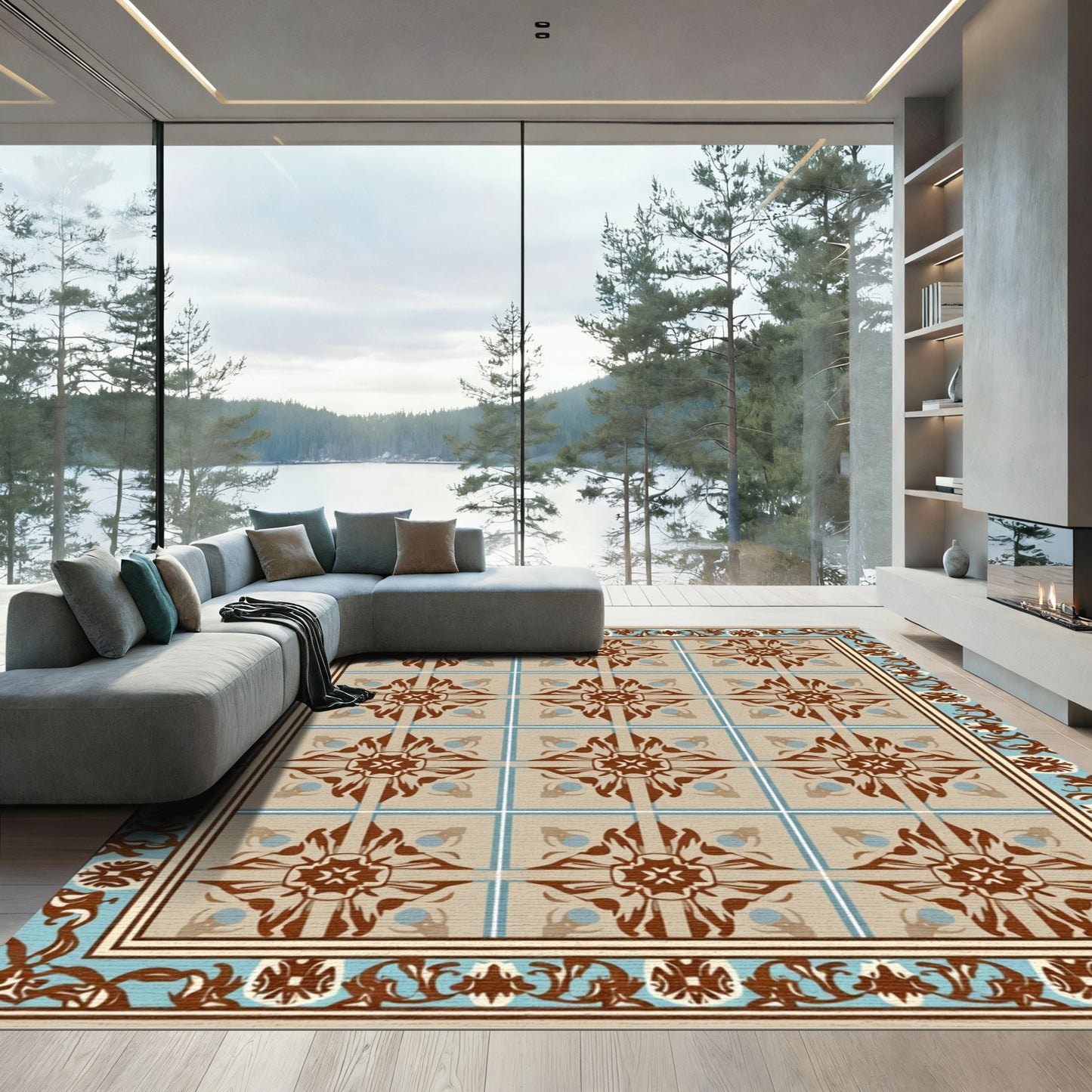 Brown Blue Floral Tile Frame Rug