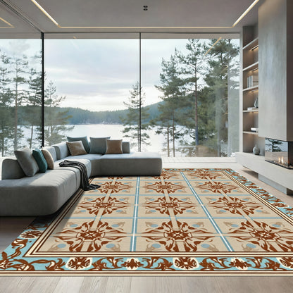 Brown Blue Floral Tile Frame Rug
