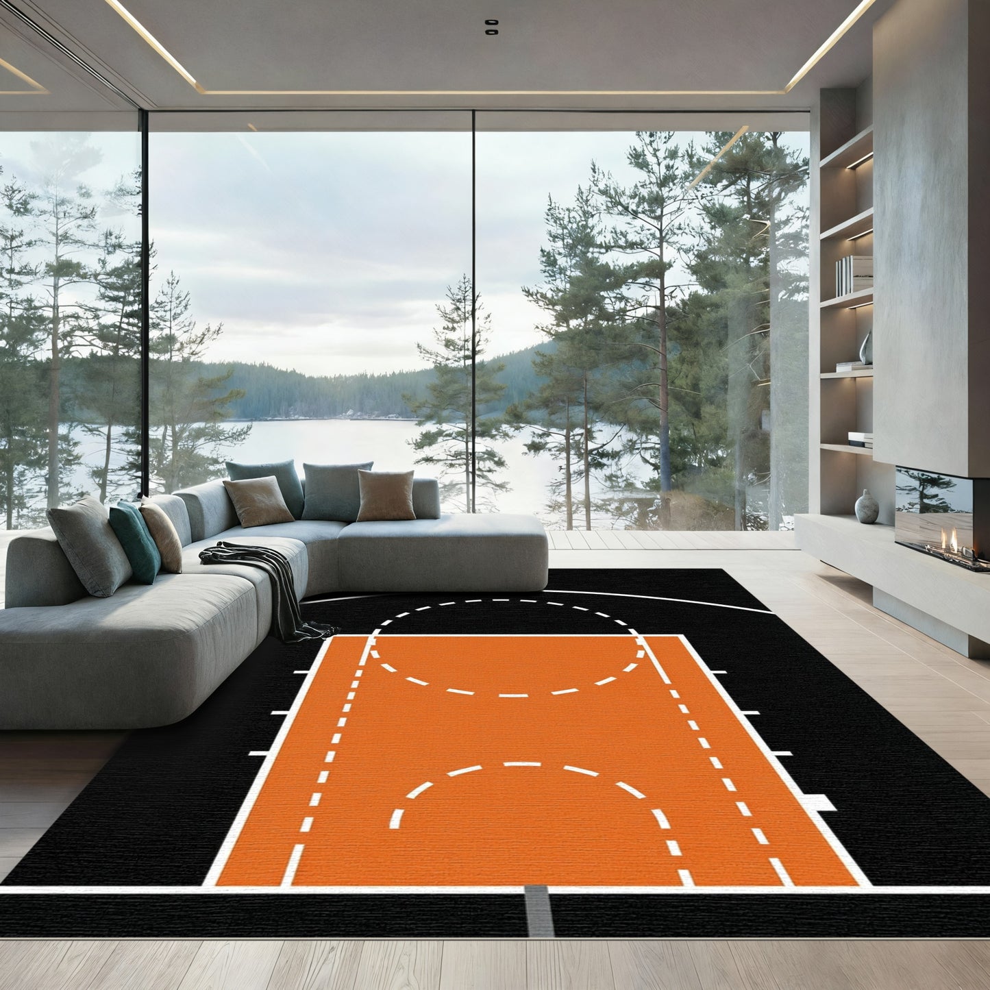 Modern Orange Basketball Court Minimalist Accent Rug