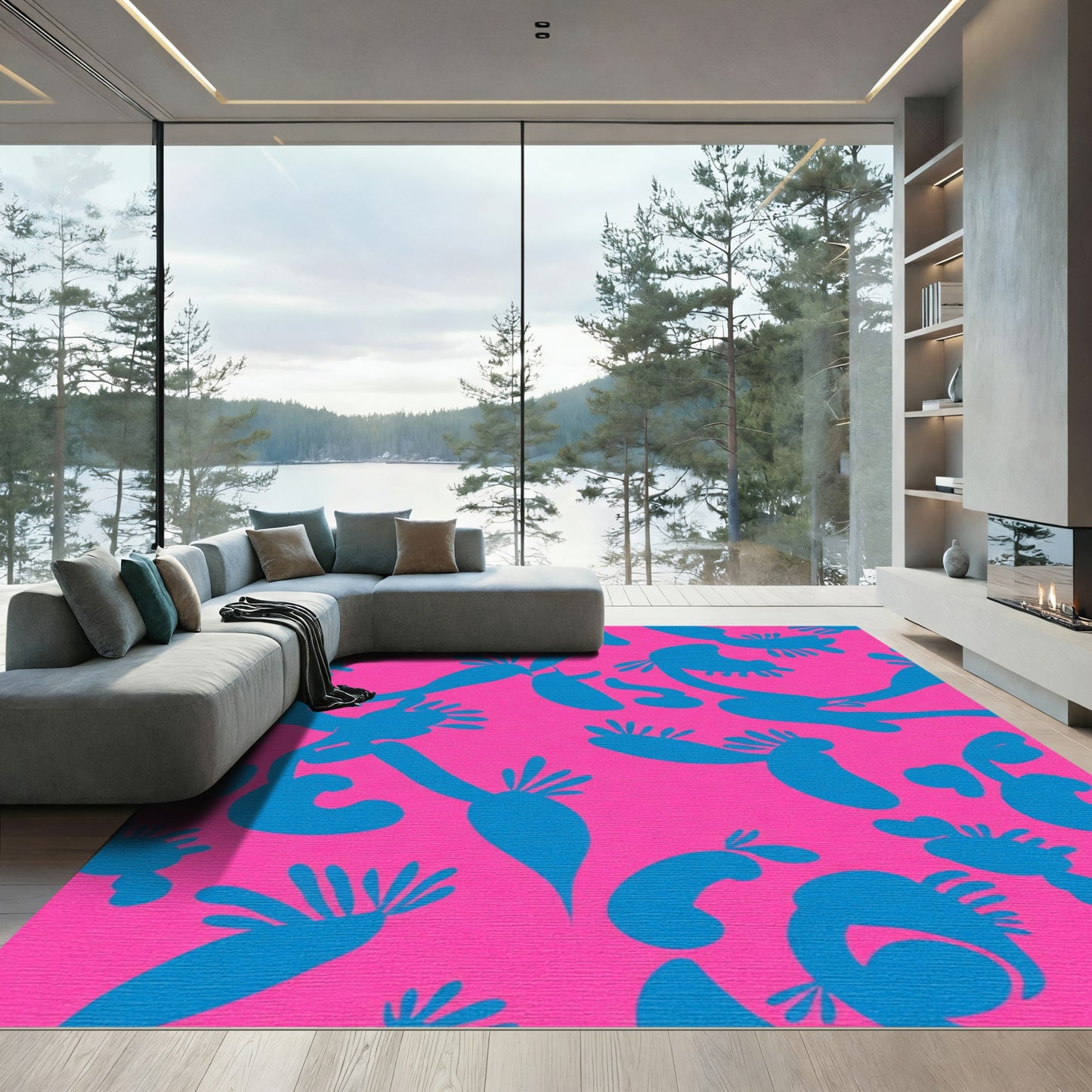 Pink Blue Abstract Organic Shapes Rug