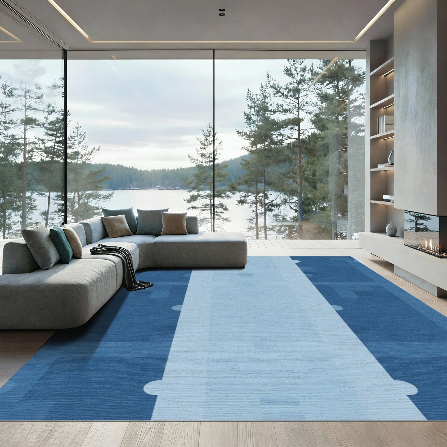 Deep Blue Subtle Geometric Blocks Rug