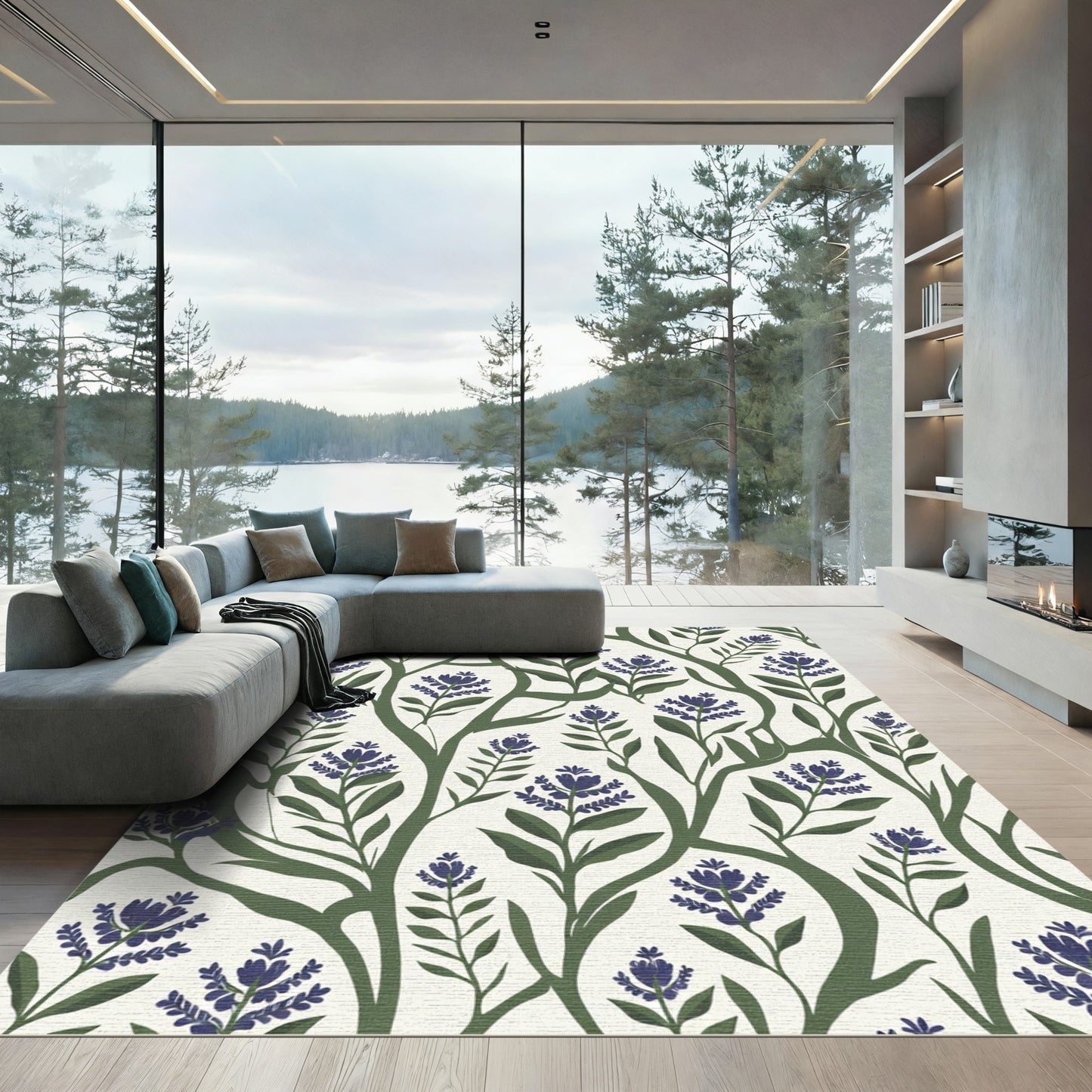 Dark Blue Floral Vine Botanical Rug