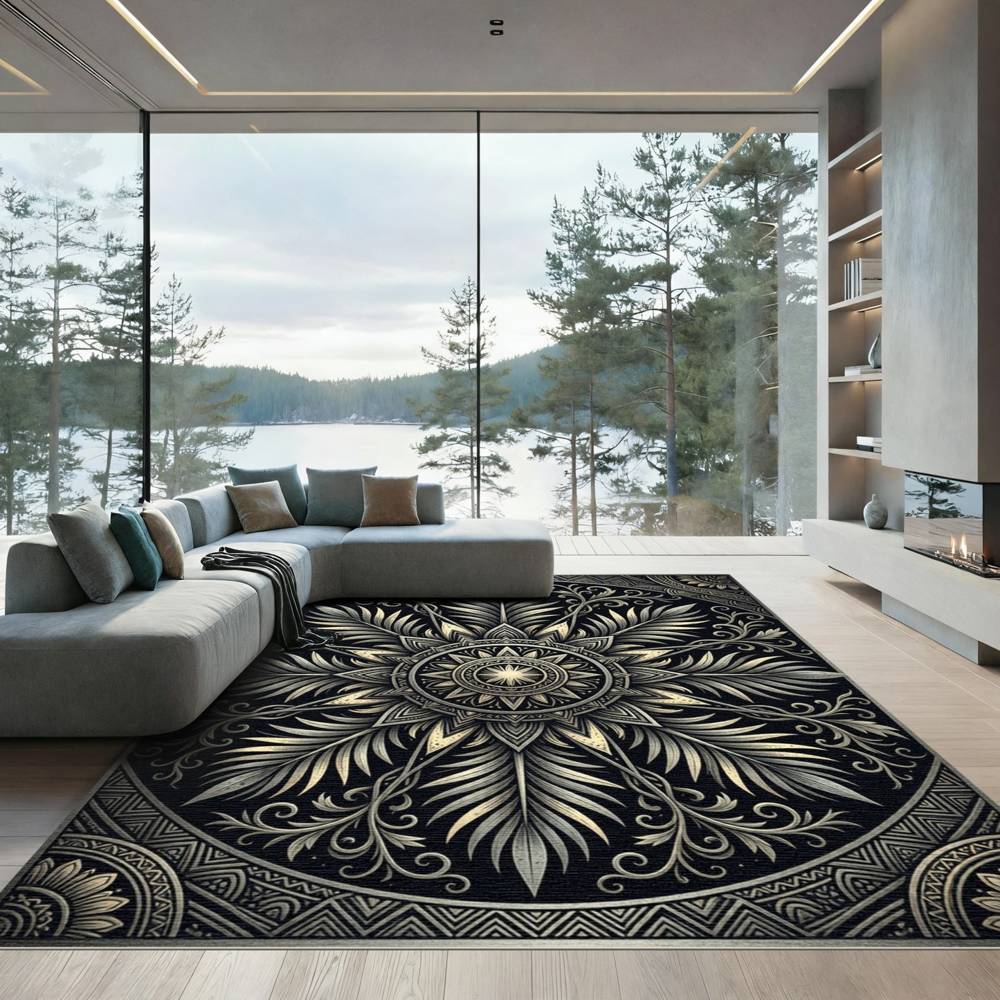 Elegant Golden Foliage Circular Medallion Rug