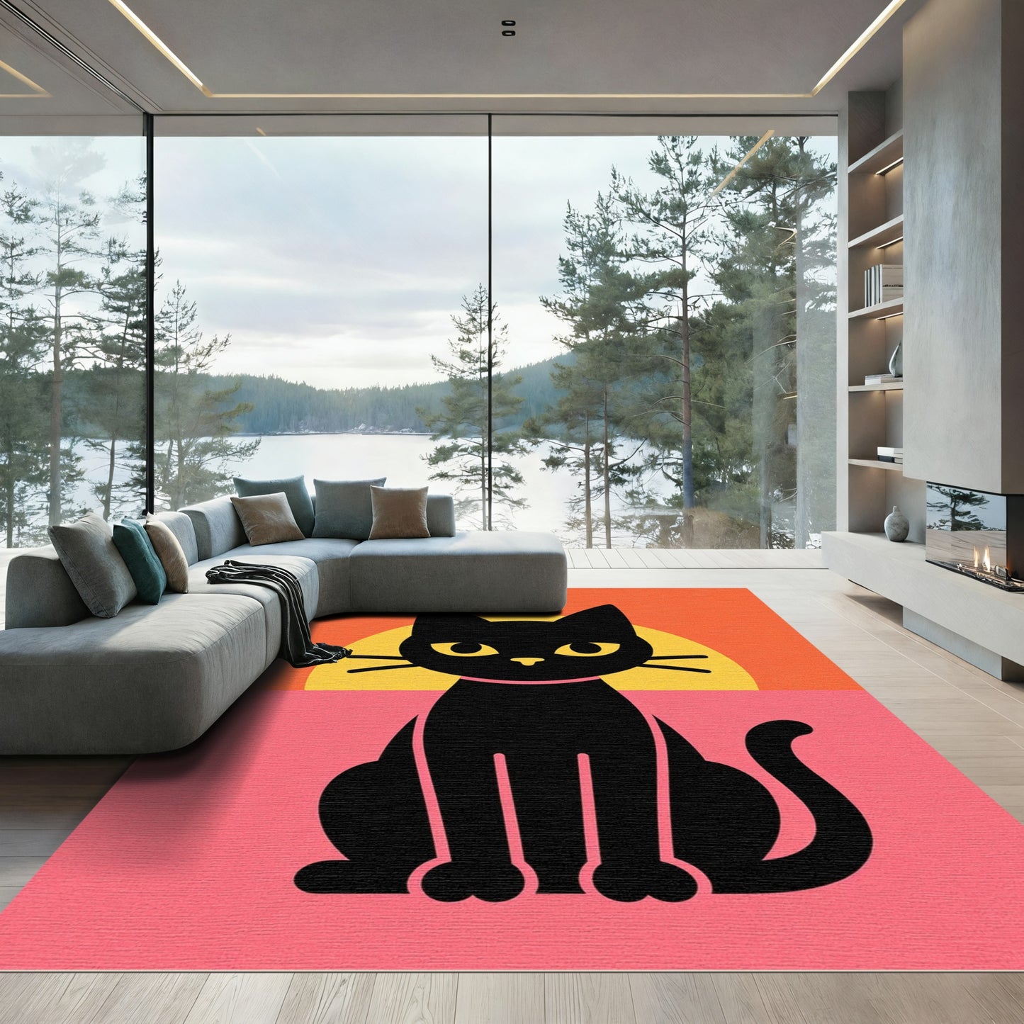 Whimsical Black Cat Sunset Graphic Rug
