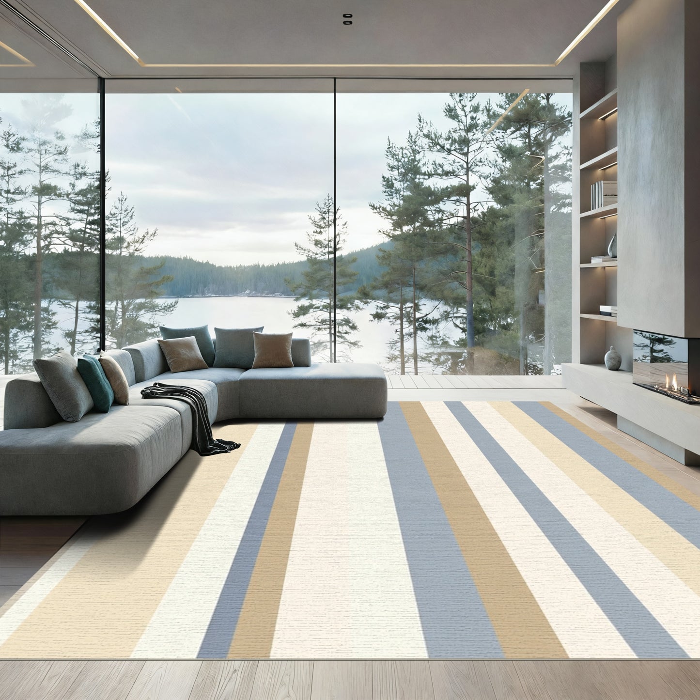 Soft Blue Beige Vertical Stripe Rug