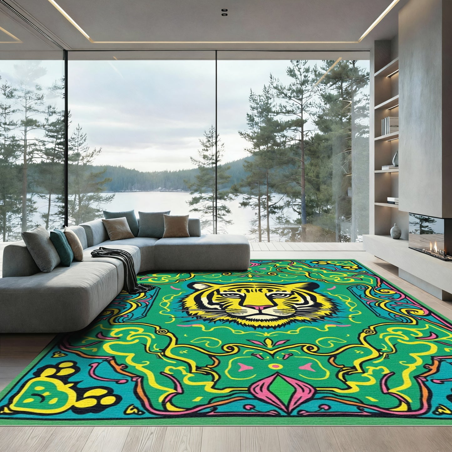 Vibrant Tiger In Ornate Floral Frame Rug