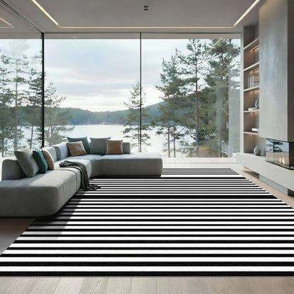 Classic Black White Linear Bands Rug