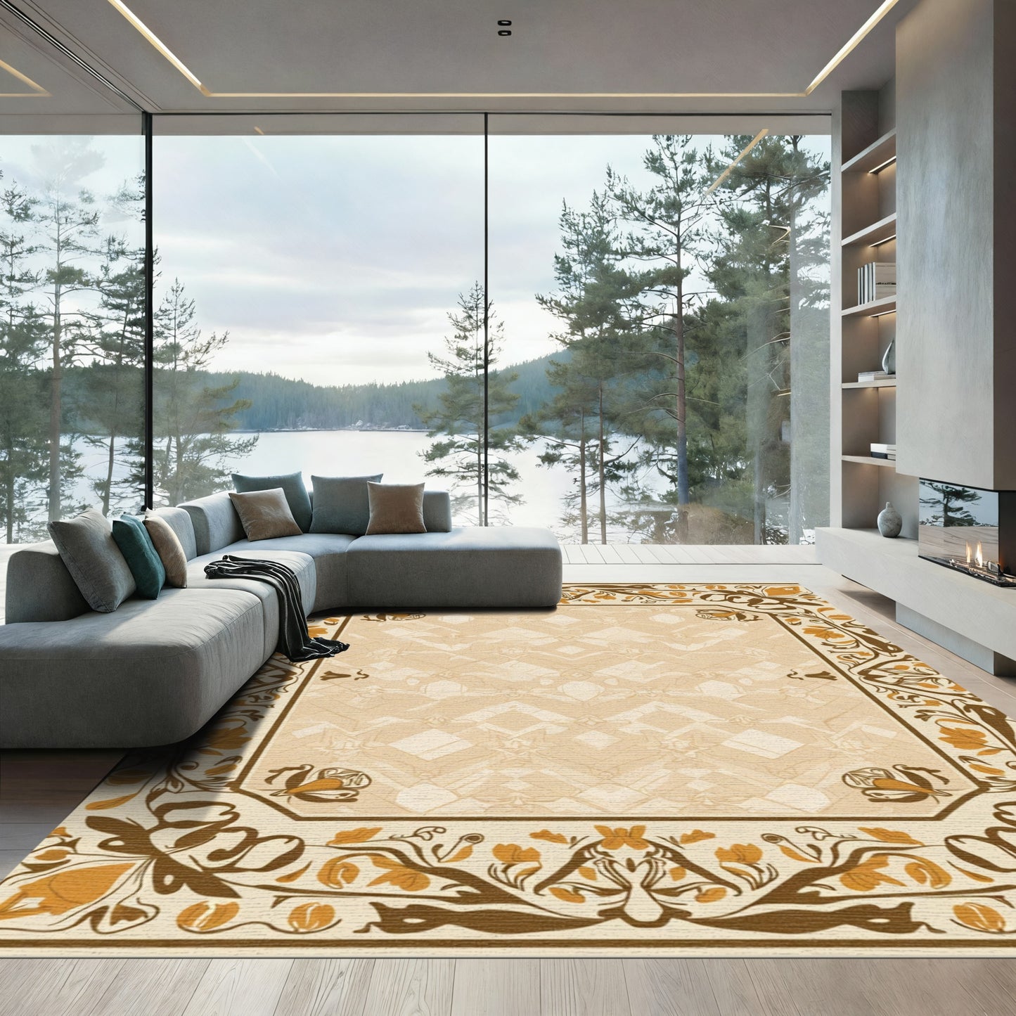 Ornate Ochre Floral Border Frame Rug