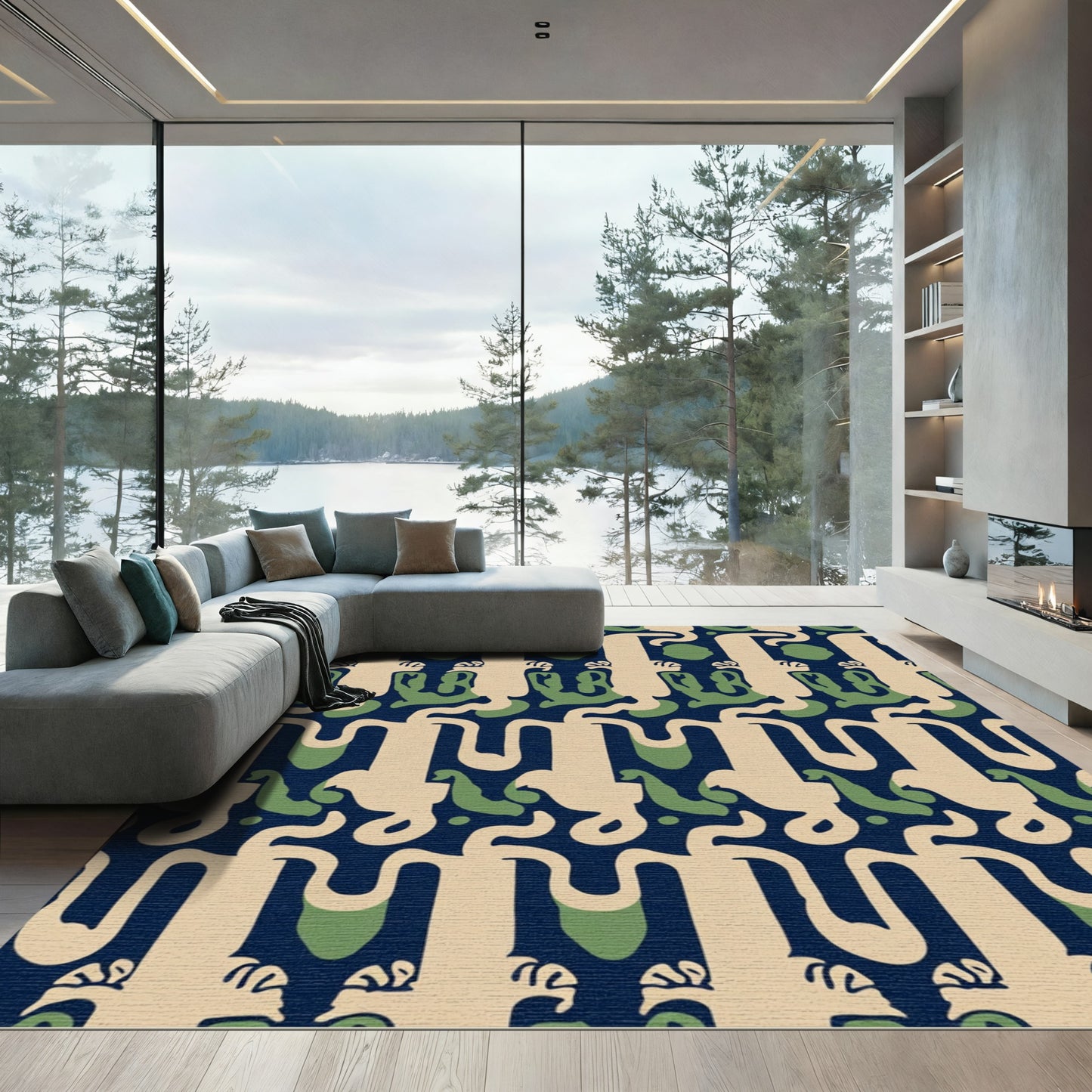 Deep Blue Tan Green Abstract Figures Rug