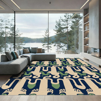 Deep Blue Tan Green Abstract Figures Rug