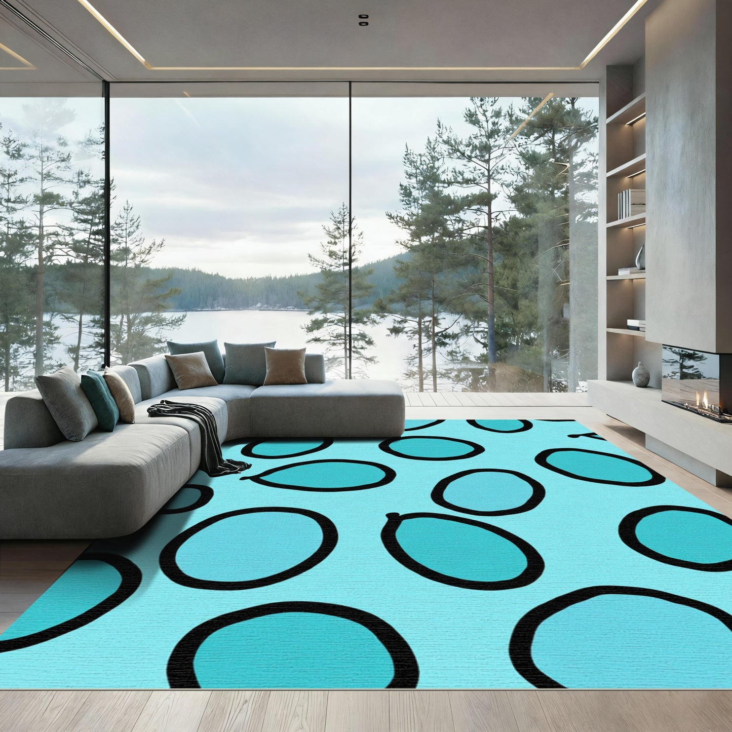 Aqua Blue Hand Drawn Ovals Rug