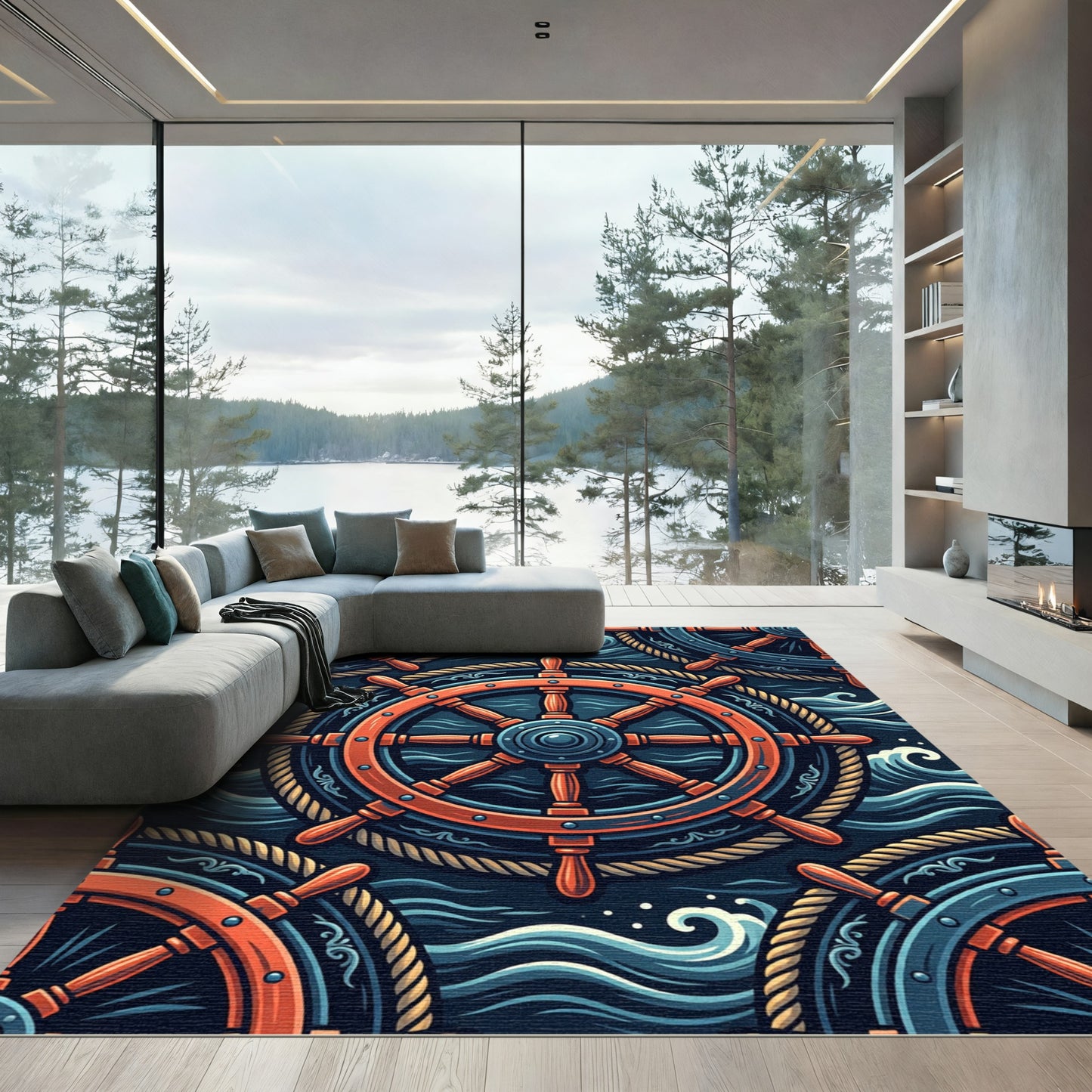 Nautical Helm with Ocean Waves Rug