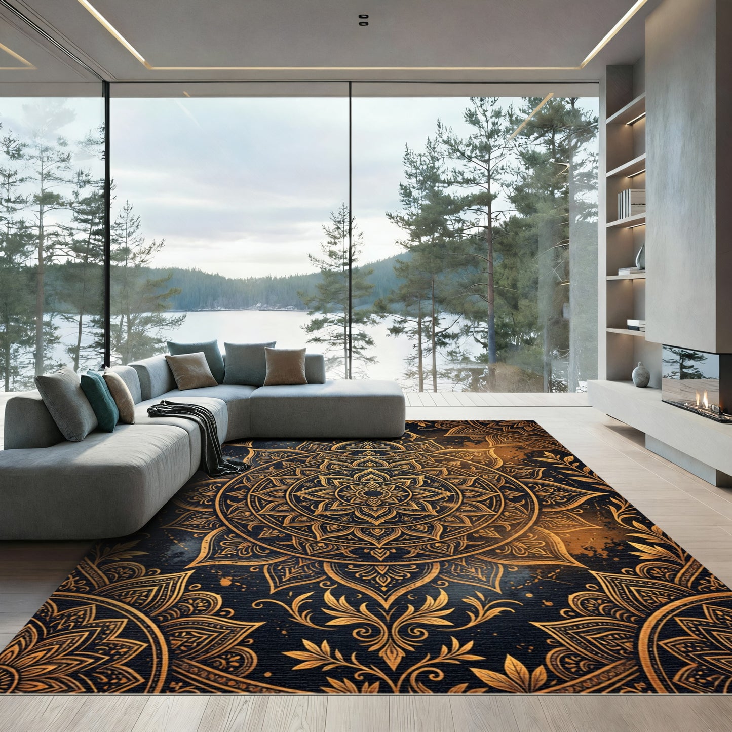 Golden Mandala Medallion on Midnight Navy Rug