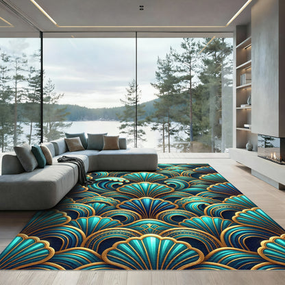 Teal Gold Art Deco Waves Rug