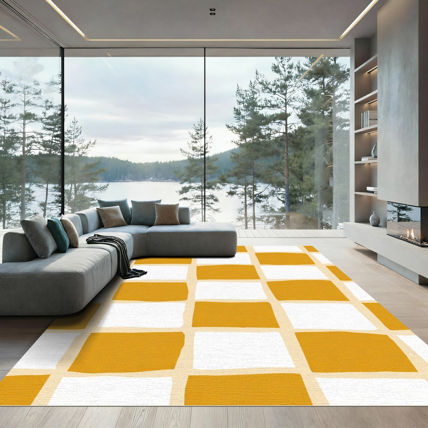 Golden White Grid Checkerboard Rug