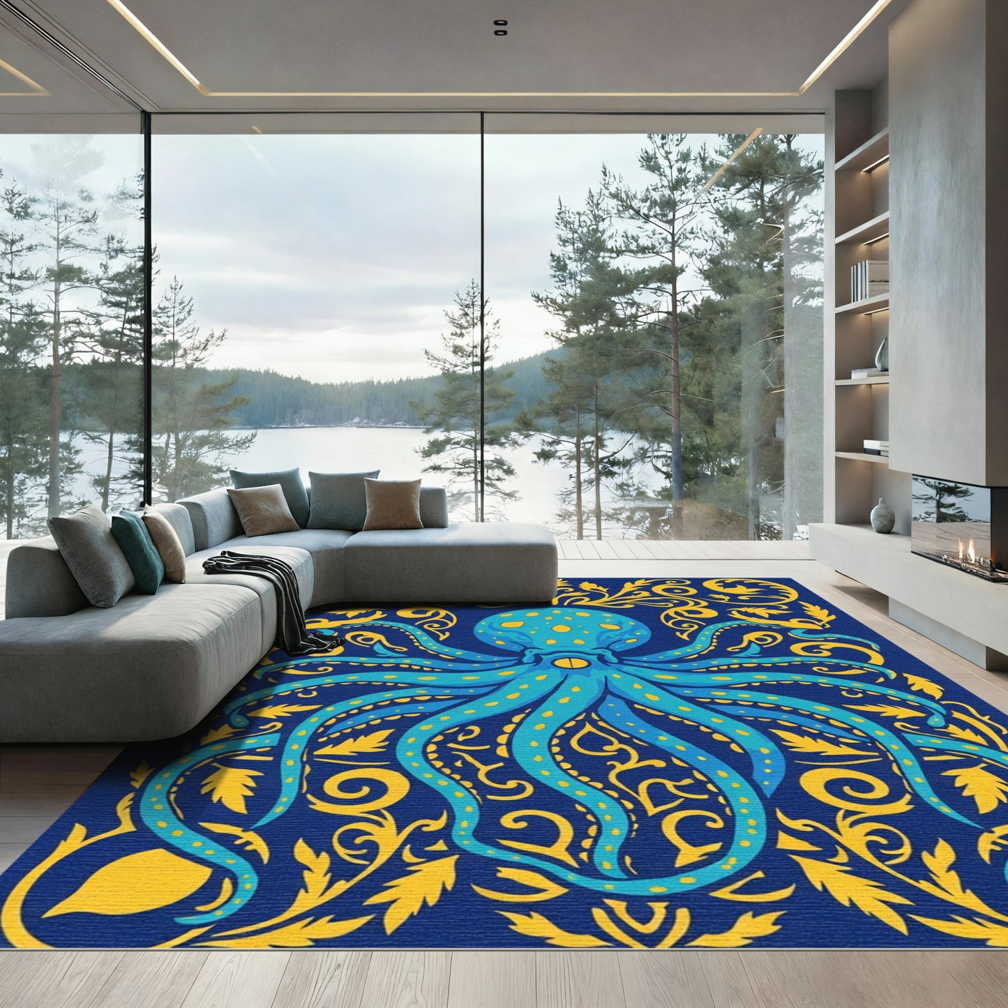 Navy Blue Yellow Octopus Floral Art Rug