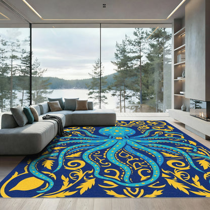 Navy Blue Yellow Octopus Floral Art Rug