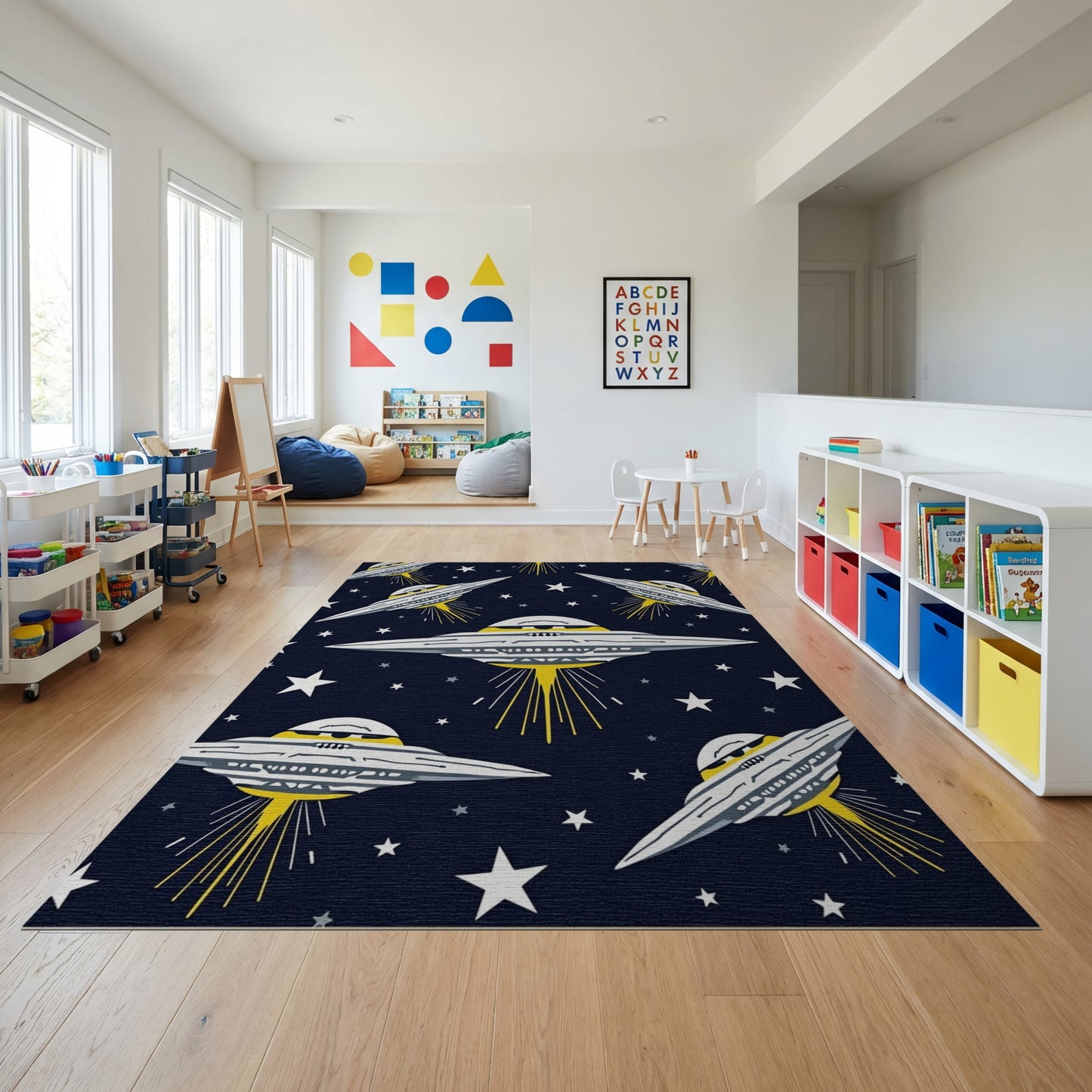 Whimsical Navy UFO Star Trail Rug