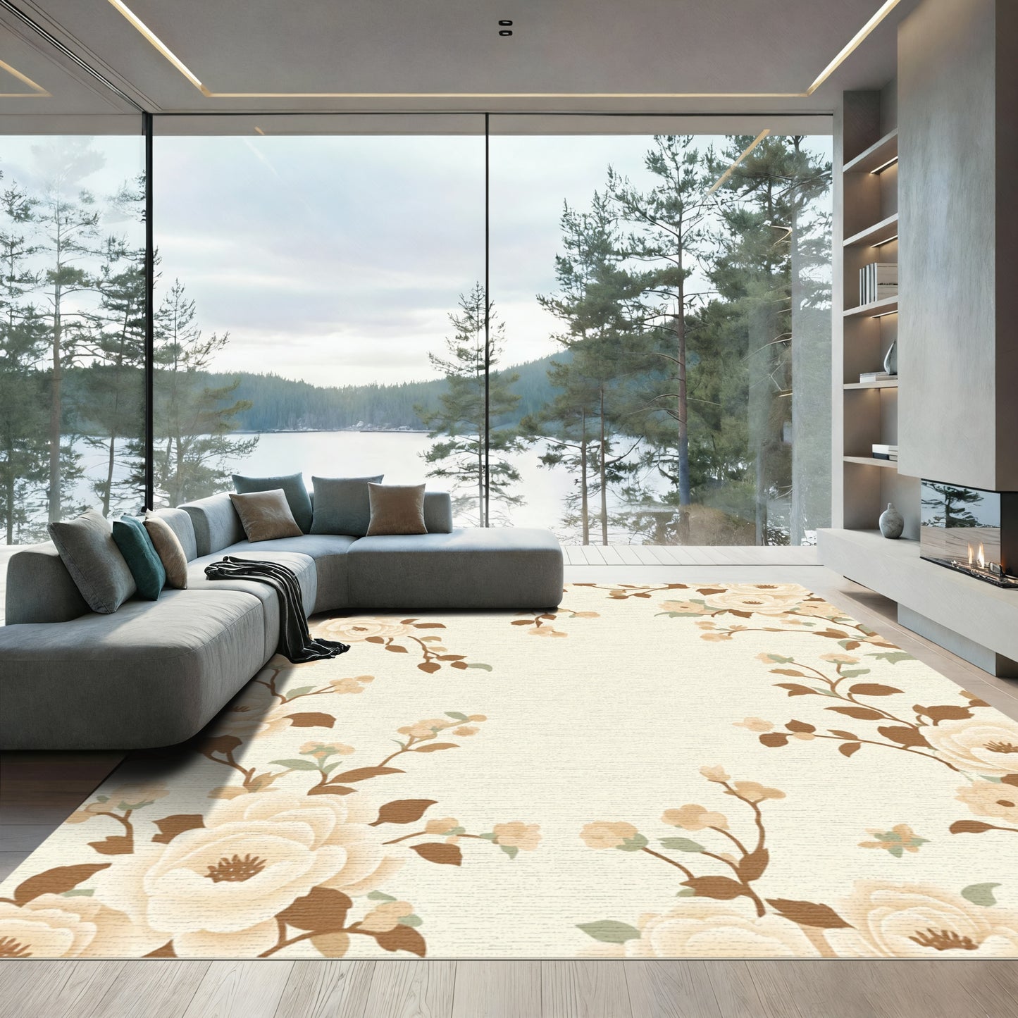 Cream Floral Garden Border Rug