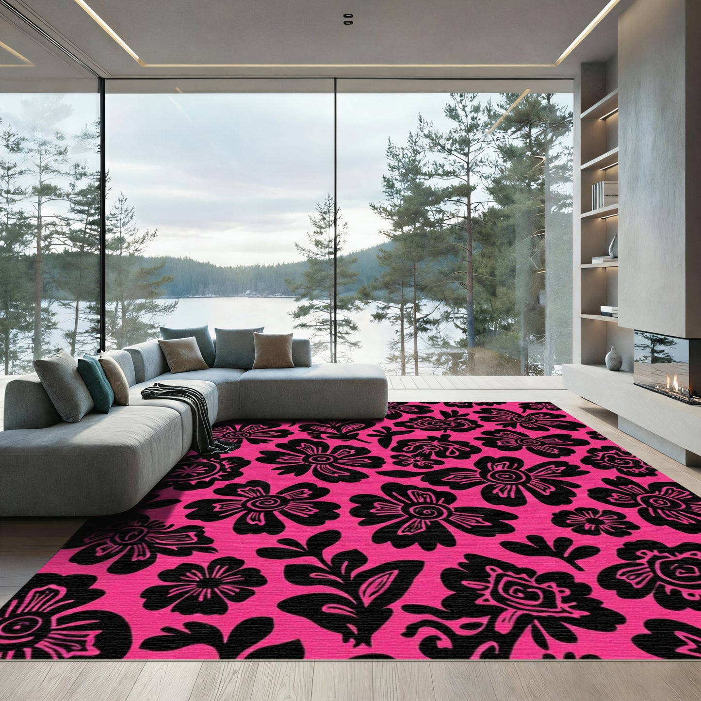 Bold Black Floral Meadow Rug