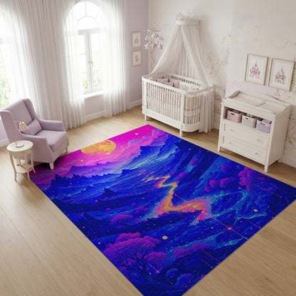 Vibrant Neon Mountain Moon River Rug