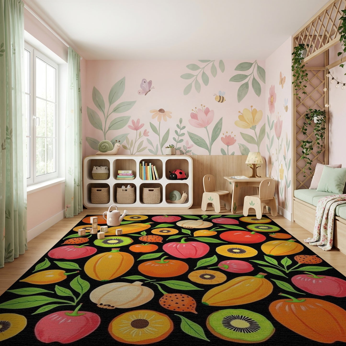 Vibrant Whimsical Fruits Vegetables Leaves Rug
