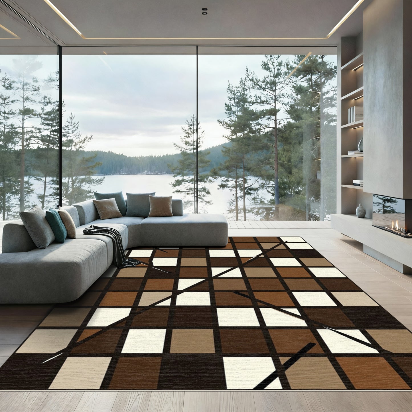 Modern Brown Abstract Geometric Grid Rug