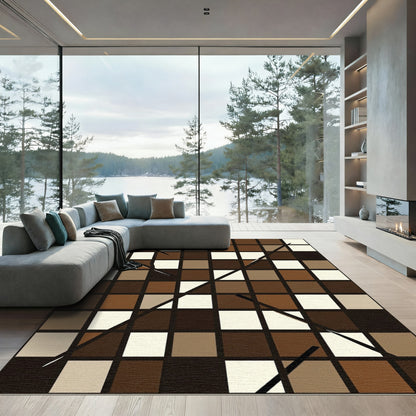 Modern Brown Abstract Geometric Grid Rug