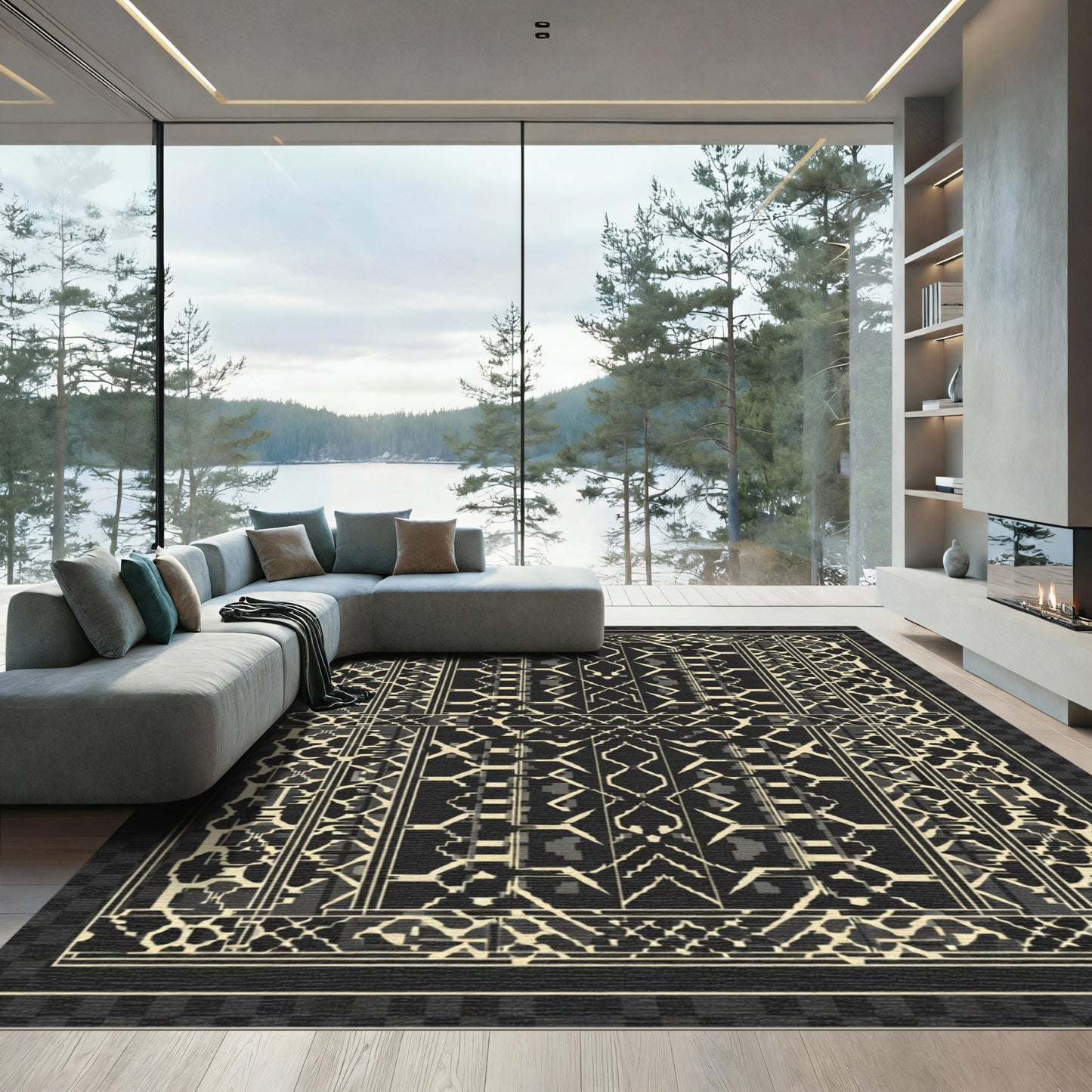 Art Deco Geometric Black Cream Medallion Rug