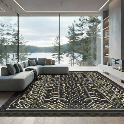 Art Deco Geometric Black Cream Medallion Rug