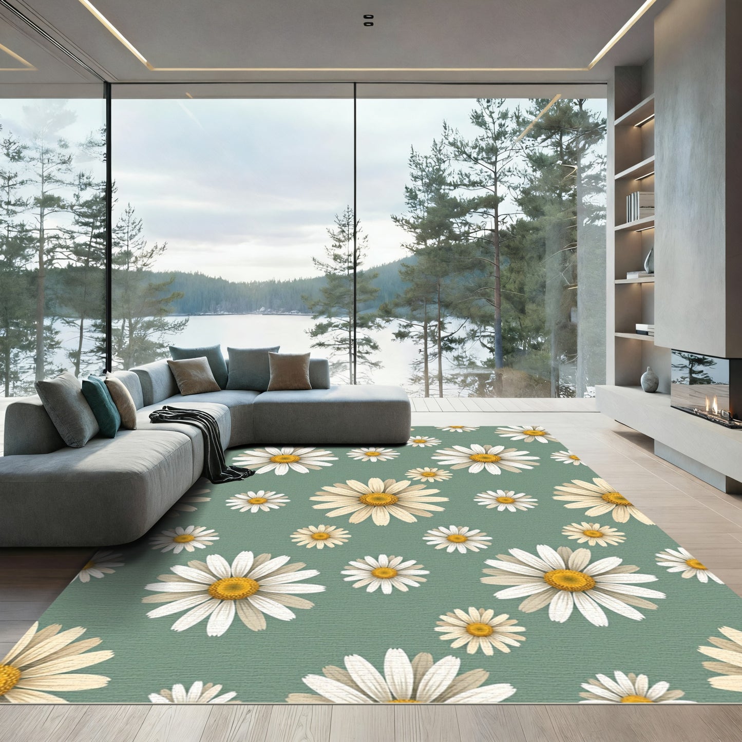 Whimsical Sage Green Daisy Floral Rug
